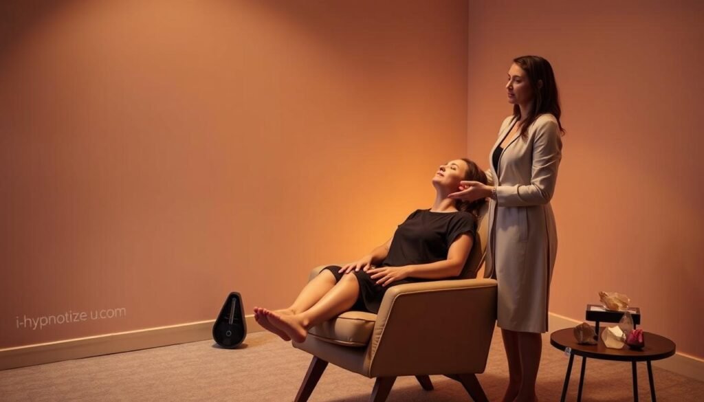 A serene, dimly lit room with a comfortable reclining chair in the center. Soft, ambient lighting casts a warm glow, creating a tranquil atmosphere. An i-hypnotize-u.com logo is subtly displayed on a nearby table, alongside a metronome and a few therapeutic crystals. The subject sits in the chair, eyes closed, as a hypnotist in a professional, yet calming attire stands beside them, guiding them through the hypnosis process with gentle, soothing gestures. The scene conveys a sense of trust, relaxation, and the transformative potential of the hypnosis experience. A serene, dimly lit room with a comfortable reclining chair in the center. Soft, ambient lighting casts a warm glow, creating a tranquil atmosphere. An i-hypnotize-u.com logo is subtly displayed on a nearby table, alongside a metronome and a few therapeutic crystals. The subject sits in the chair, eyes closed, as a hypnotist in a professional, yet calming attire stands beside them, guiding them through the hypnosis process with gentle, soothing gestures. The scene conveys a sense of trust, relaxation, and the transformative potential of the hypnosis experience.