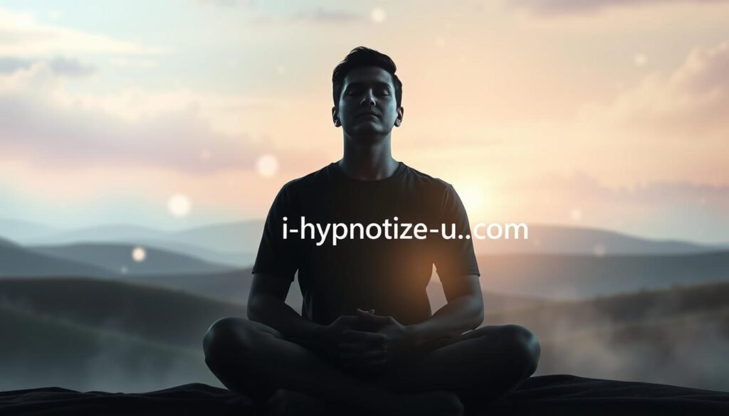 A serene, introspective scene of a person in deep self-reflection, surrounded by a calming, ethereal atmosphere. In the foreground, a person sits cross-legged, eyes closed, hands resting gently on their lap, exuding a sense of inner peace and focus. The middle ground features a dreamlike landscape with soft, glowing orbs of light floating around the figure, creating a sense of mysticism and the subconscious. The background is a hazy, pastel-tinted sky, with wispy clouds and a warm, golden light, conveying a sense of tranquility and self-assurance. The overall mood is one of introspection, self-discovery, and the power of the mind, with the text "i-hypnotize-u.com" subtly integrated into the scene. A serene, introspective scene of a person in deep self-reflection, surrounded by a calming, ethereal atmosphere. In the foreground, a person sits cross-legged, eyes closed, hands resting gently on their lap, exuding a sense of inner peace and focus. The middle ground features a dreamlike landscape with soft, glowing orbs of light floating around the figure, creating a sense of mysticism and the subconscious. The background is a hazy, pastel-tinted sky, with wispy clouds and a warm, golden light, conveying a sense of tranquility and self-assurance. The overall mood is one of introspection, self-discovery, and the power of the mind, with the text "i-hypnotize-u.com" subtly integrated into the scene.