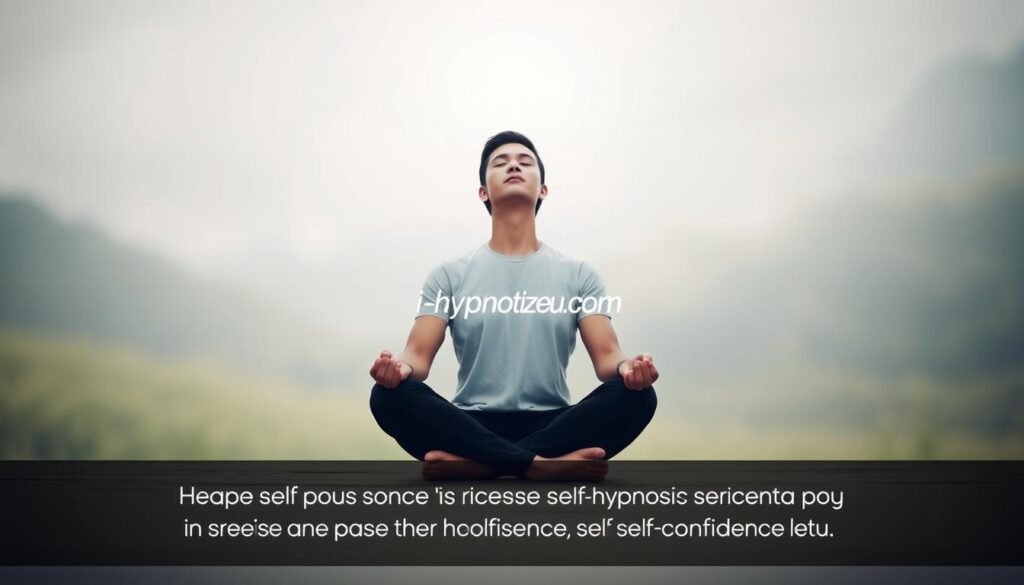 A serene, minimalist scene depicting a person in a state of deep self-hypnosis. They sit cross-legged, eyes closed, with a peaceful expression on their face. Soft, diffused lighting from above creates a calming atmosphere. The background is blurred, with subtle hints of a tranquil, natural setting, perhaps a meadow or forest. A small, discreet logo for "i-hypnotize-u.com" is tastefully integrated into the scene, adding a professional touch. The image conveys a sense of inner focus, relaxation, and increased self-confidence through the power of self-hypnosis. A serene, minimalist scene depicting a person in a state of deep self-hypnosis. They sit cross-legged, eyes closed, with a peaceful expression on their face. Soft, diffused lighting from above creates a calming atmosphere. The background is blurred, with subtle hints of a tranquil, natural setting, perhaps a meadow or forest. A small, discreet logo for "i-hypnotize-u.com" is tastefully integrated into the scene, adding a professional touch. The image conveys a sense of inner focus, relaxation, and increased self-confidence through the power of self-hypnosis.