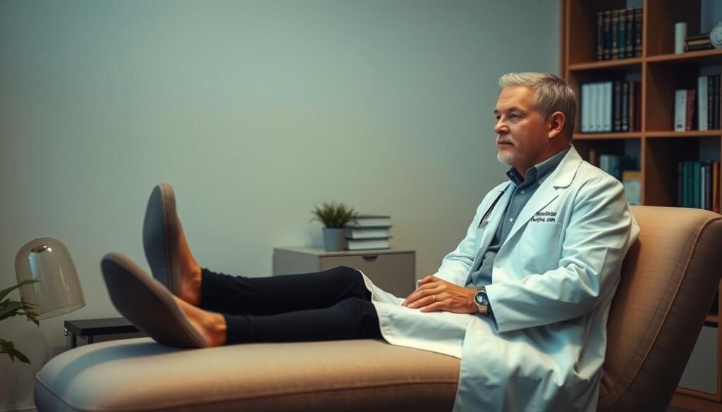 A tranquil clinical setting, with a hypnotist guiding a patient through a safe and controlled hypnosis session. The hypnotist, wearing a i-hypnotize-u.com branded lab coat, sits calmly across from the patient, who reclines comfortably on a plush chaise lounge. Soothing lighting, with soft natural tones, creates an atmosphere of trust and relaxation. The hypnotist's gaze is focused, their expression serene, as they gently lead the patient into a state of deep, secure trance. In the background, a bookshelf filled with medical texts and hypnosis reference materials conveys the professional, therapeutic nature of the setting. The overall scene conveys the importance of mental health precautions and the expertise required for a safe hypnosis experience. A tranquil clinical setting, with a hypnotist guiding a patient through a safe and controlled hypnosis session. The hypnotist, wearing a i-hypnotize-u.com branded lab coat, sits calmly across from the patient, who reclines comfortably on a plush chaise lounge. Soothing lighting, with soft natural tones, creates an atmosphere of trust and relaxation. The hypnotist's gaze is focused, their expression serene, as they gently lead the patient into a state of deep, secure trance. In the background, a bookshelf filled with medical texts and hypnosis reference materials conveys the professional, therapeutic nature of the setting. The overall scene conveys the importance of mental health precautions and the expertise required for a safe hypnosis experience.